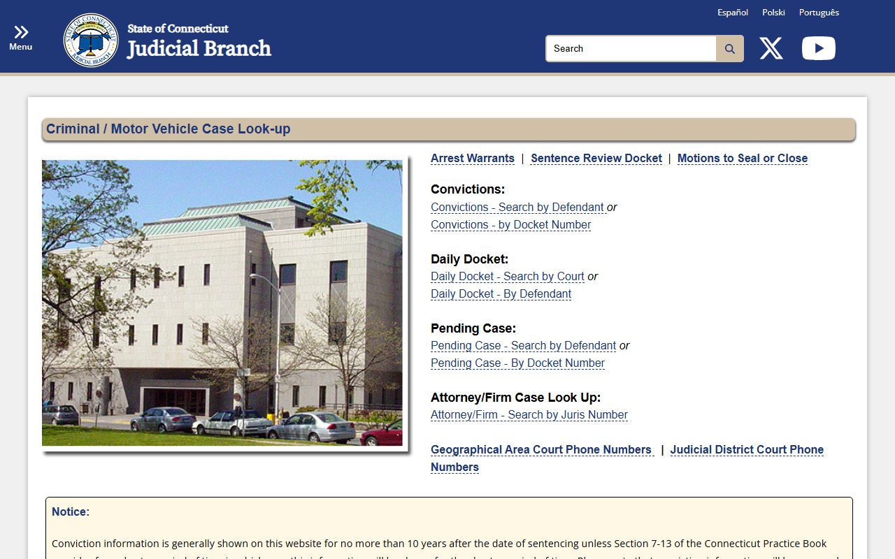 New London County court records lookup hub on the Connecticut Judicial Branch site