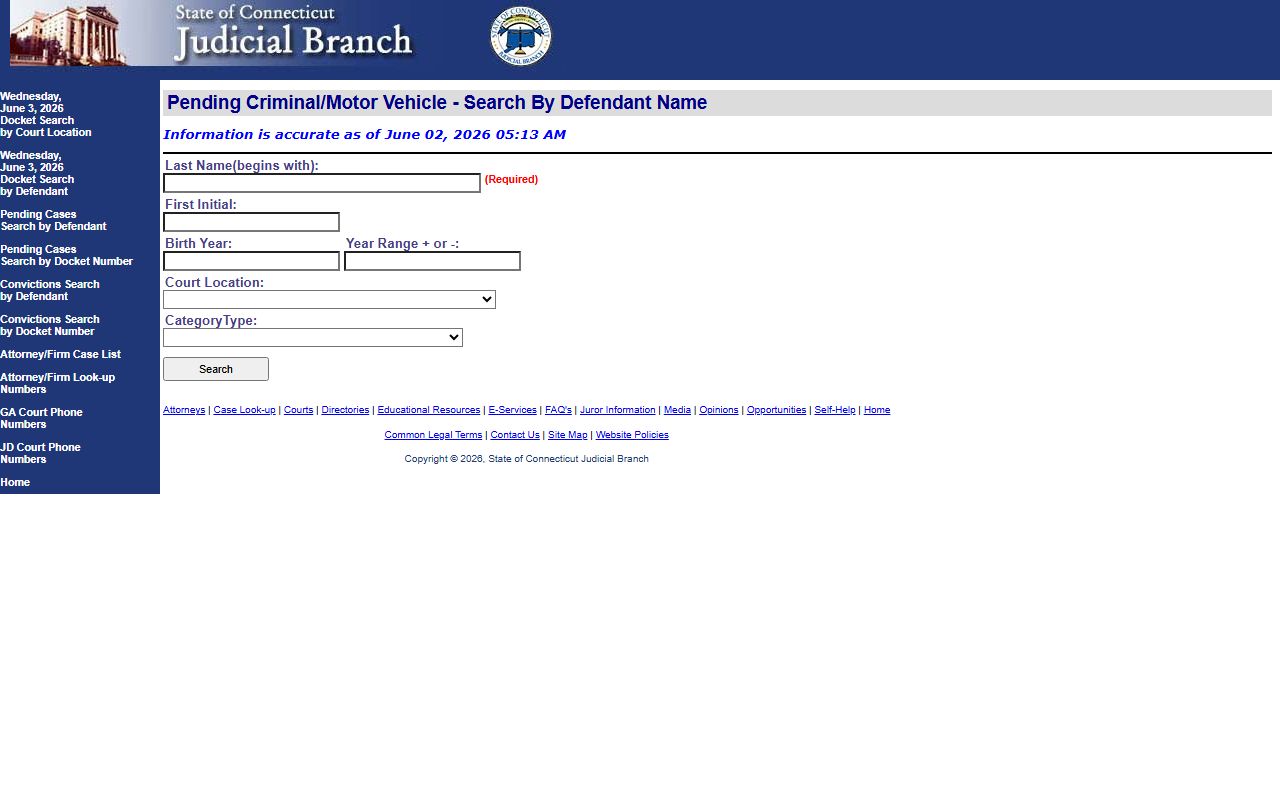 New London County court records pending case search by defendant name