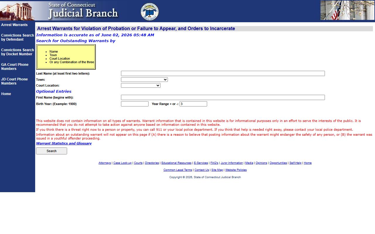 New London County court records Judicial Branch warrant search page