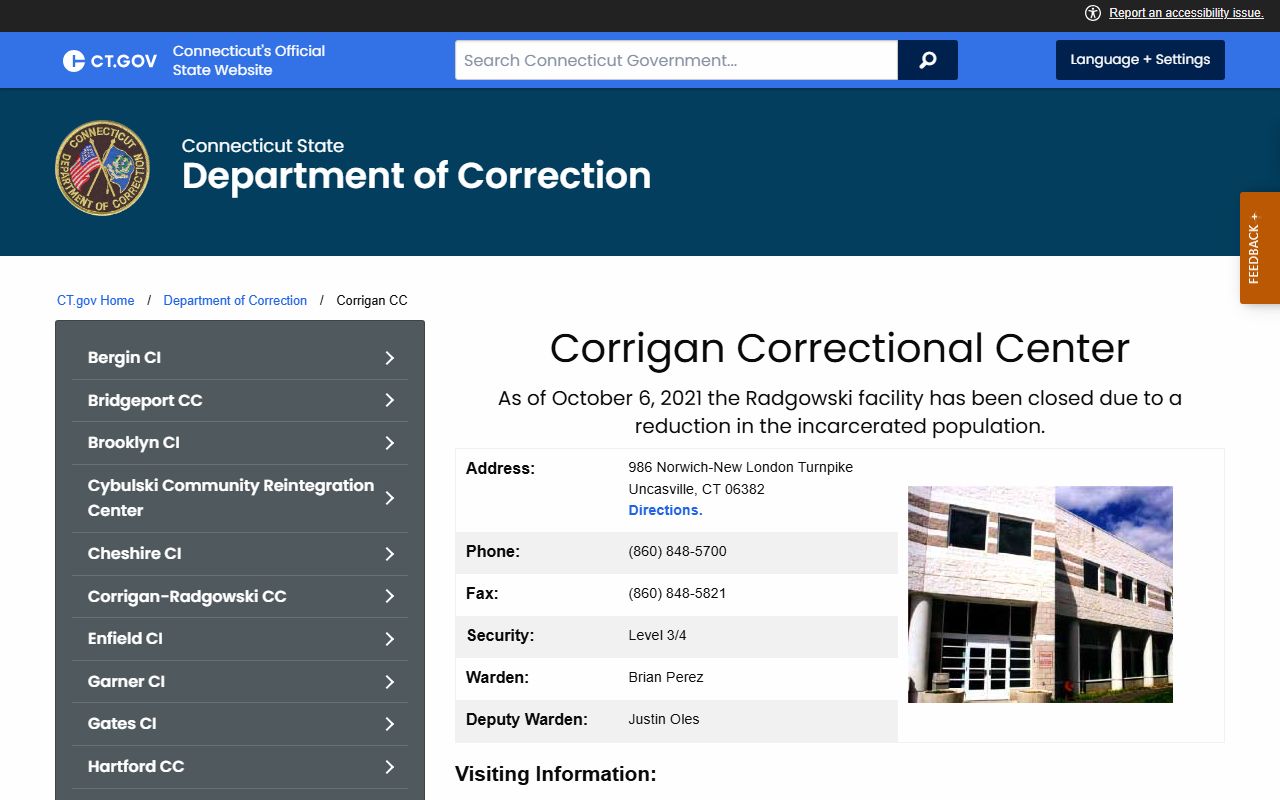 Corrigan Correctional Center inmate population page on the Connecticut DOC site