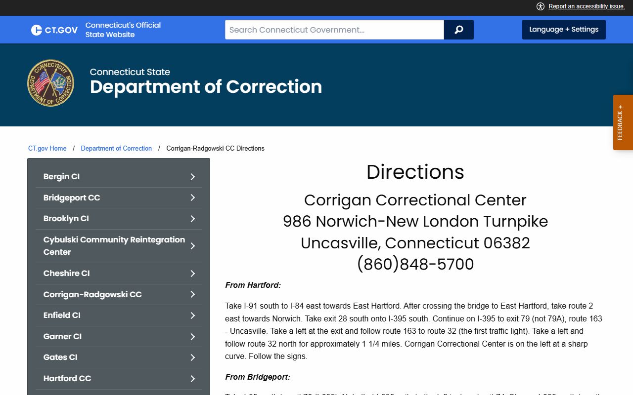 Corrigan Correctional Center directions page for visitors and inmate record seekers