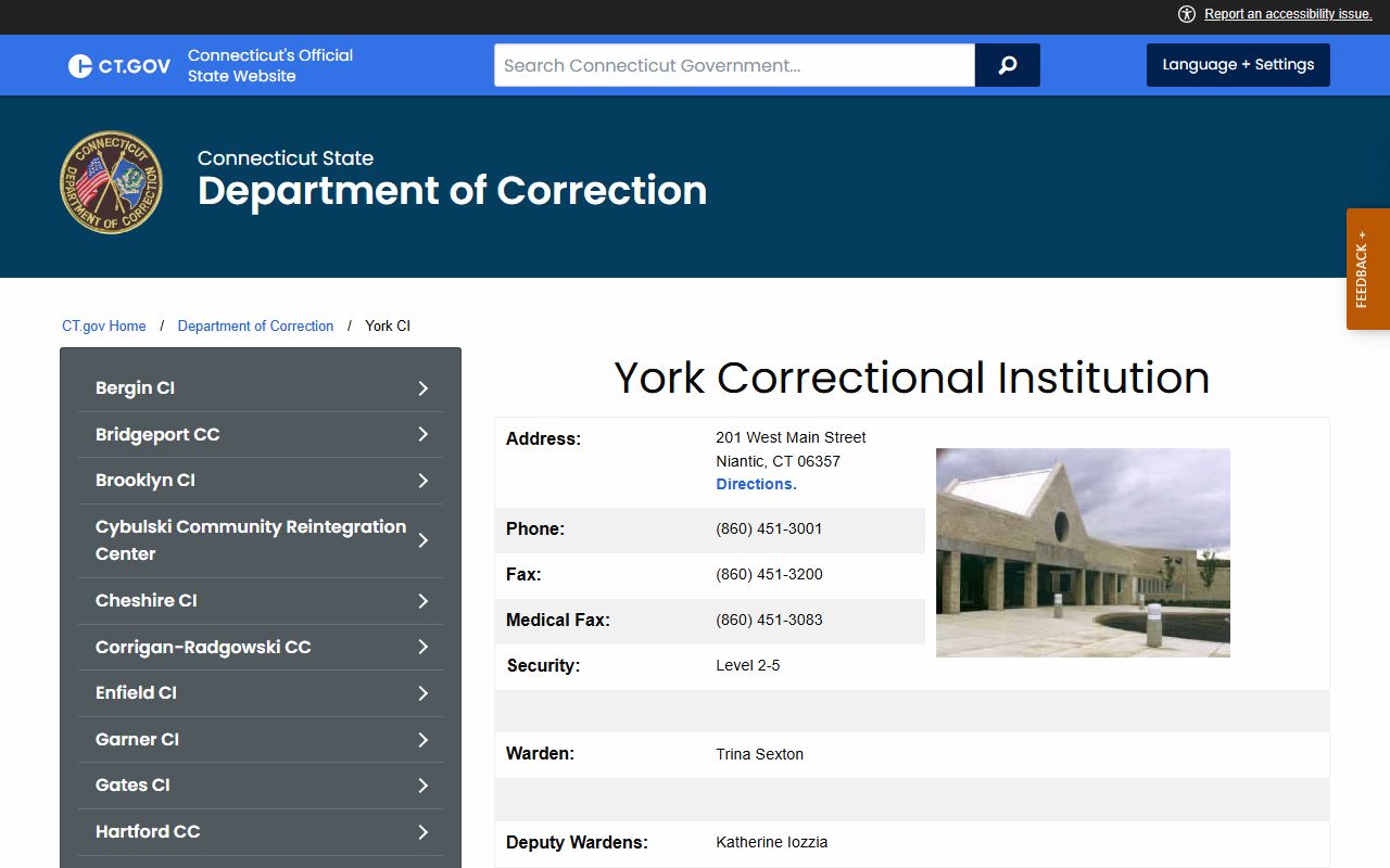 York Correctional Institution inmate population page on the Connecticut DOC site