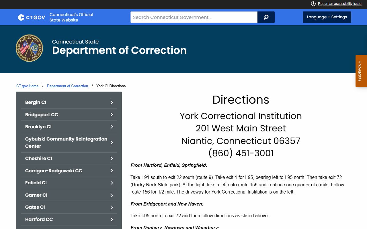 York Correctional Institution directions page for visitors and inmate record seekers