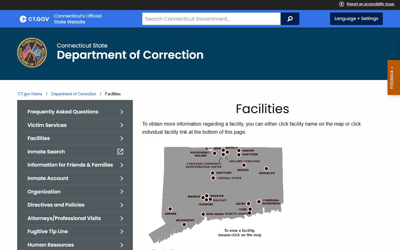 CT DOC facilities map and list for the New London County inmate population and custody records