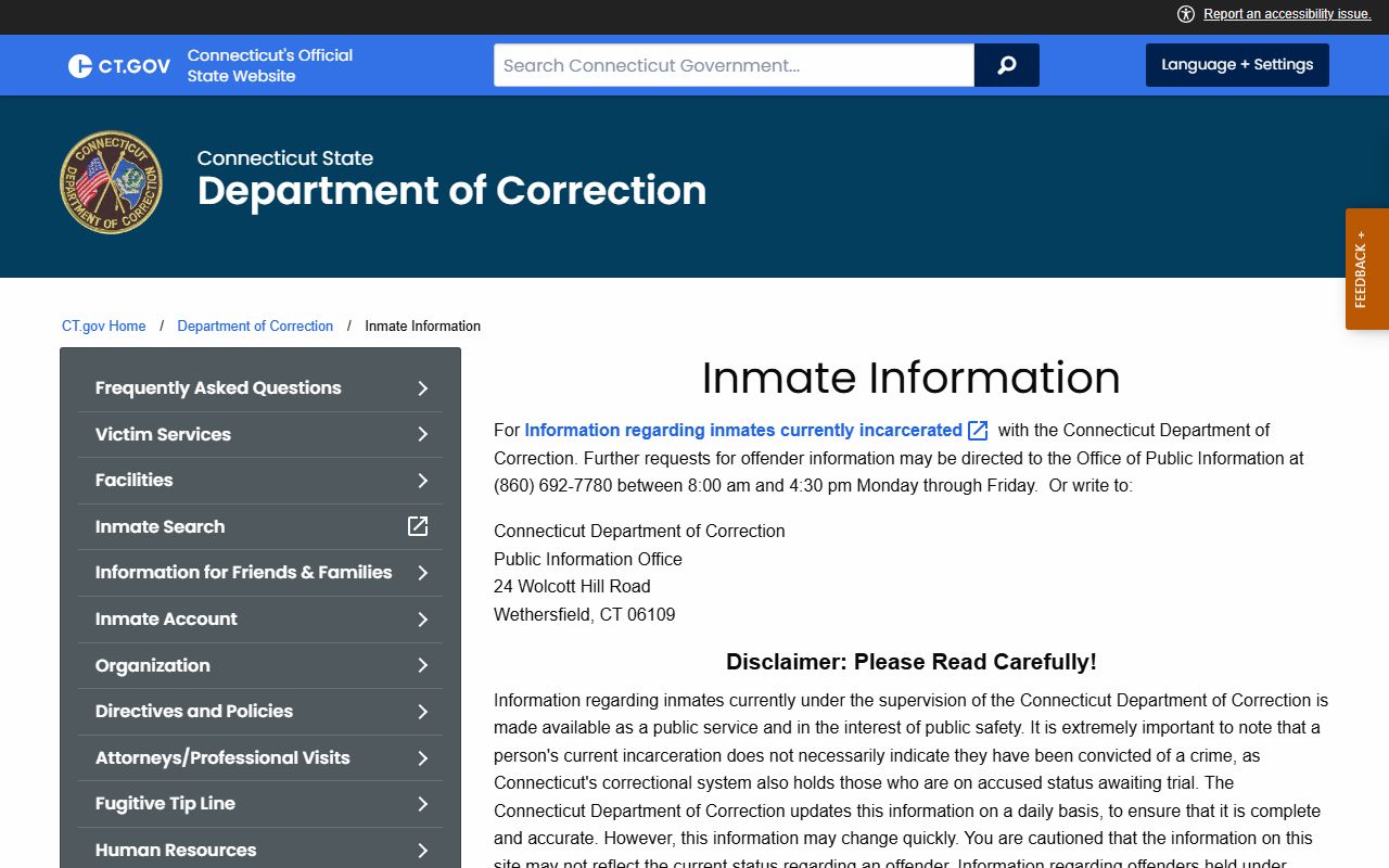New London County CT DOC inmate record search and information page