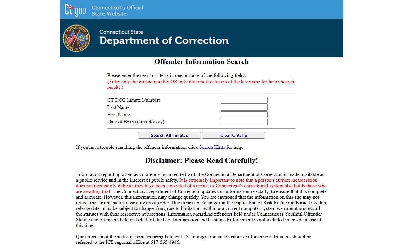 CT DOC inmate search portal for the New London County inmate population custody records
