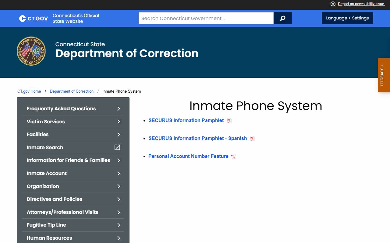 New London County CT DOC inmate phone system Securus record page
