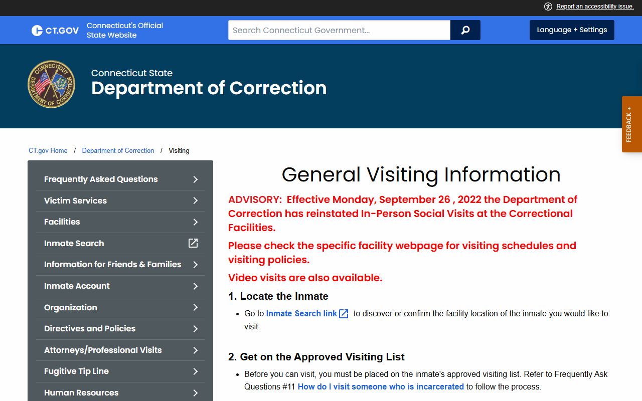 New London County CT DOC visiting rules for inmate records